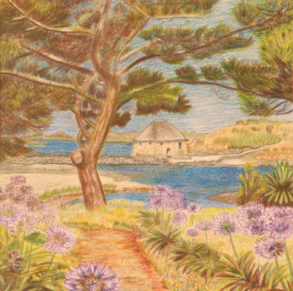 Etude aux crayons de couleur - Arbre, Lande et mer