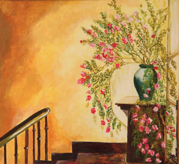 Gouache - Fleurs dans l'escalier