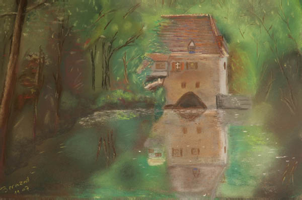 Etude Pastel sec - Etang et maison forestière